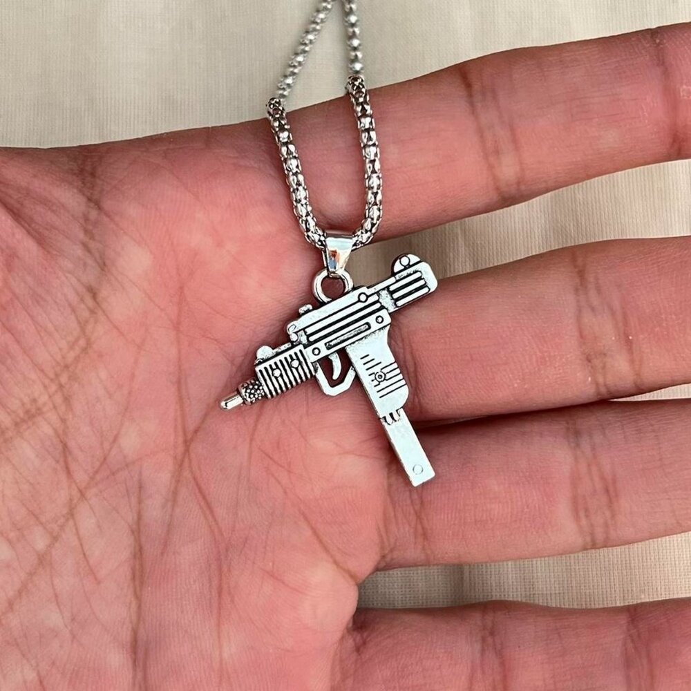 y2k 2000s heavy metal gothic gun pendant silver mini uzi chain necklace - Picture 4 of 8